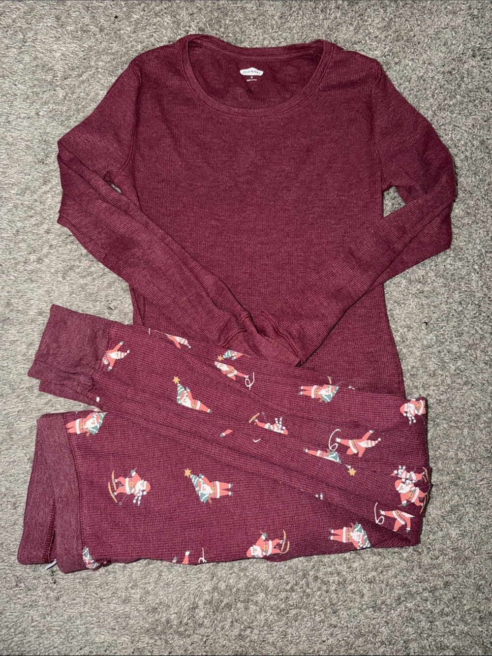 Old Navy Maroon Women Thermal Pajama Set with Santa Print
